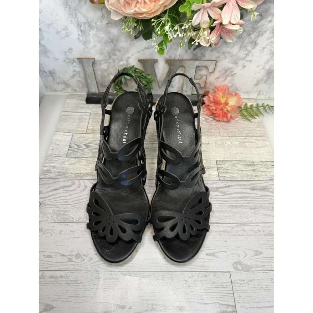 Eric Michael Jillian‎ Black Floral Leather Upper Rope Wedge Heels 9/9.5 EU40 EUC